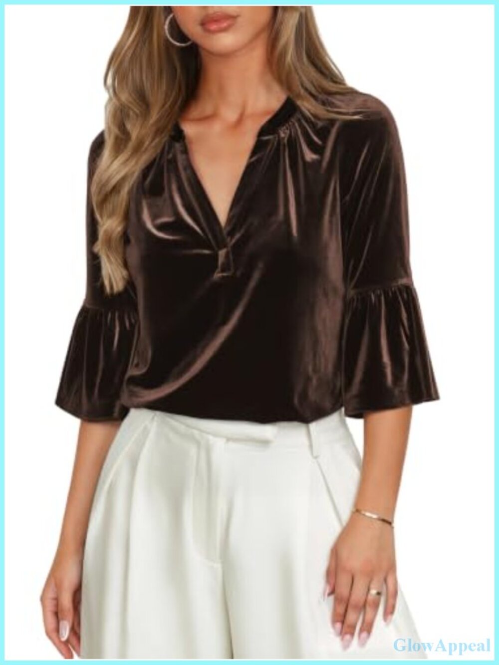 Womens Velvet Blouse 3/4 Bell Sleeve V-Neck Ruched Dressy Holiday Top